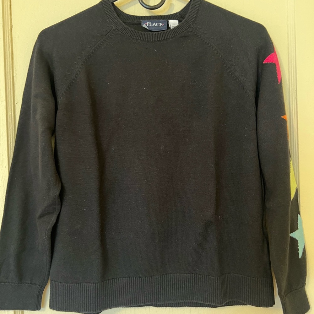 Place Black Crewneck Sweater with Star Sleeve Detail